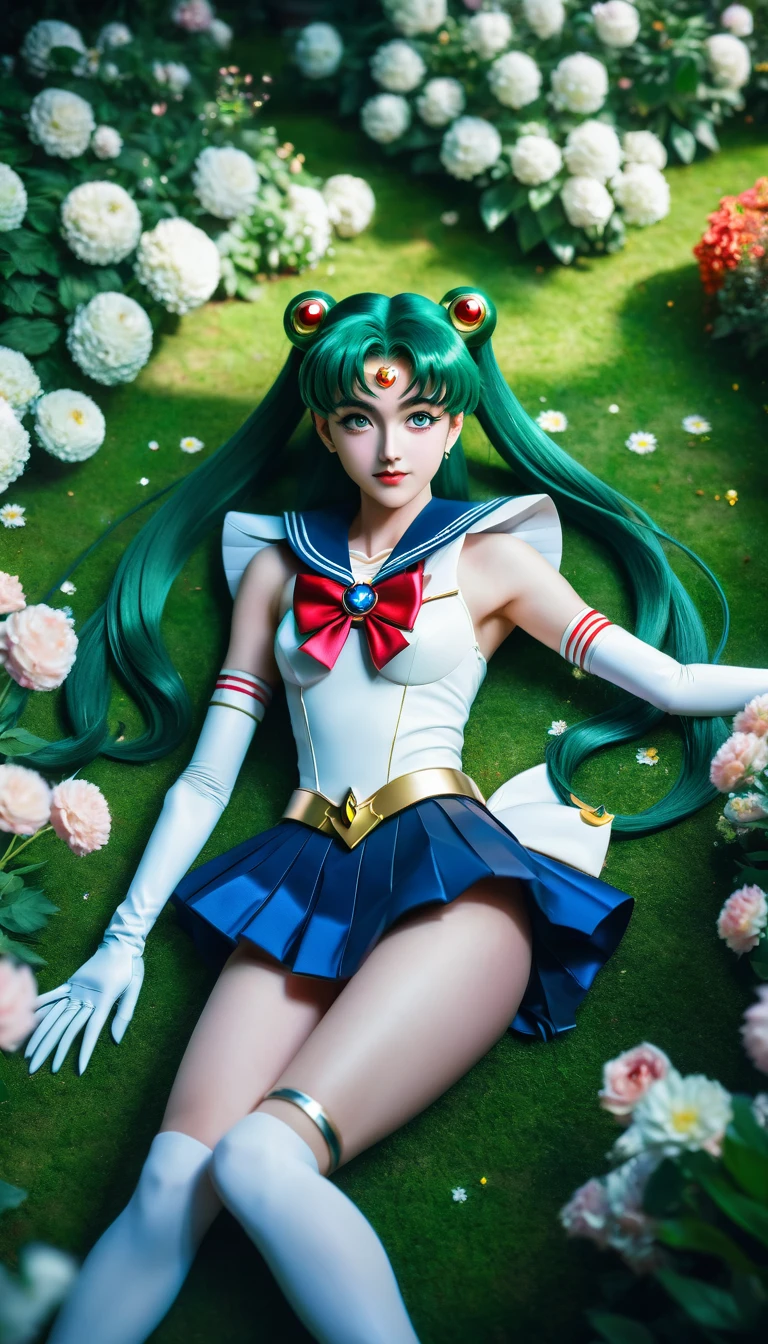 (Extreme Detail CG Unity 8K wallpaper, masterpiece, highest quality), (exquisite lighting and shadow, highly dramatic picture, cinematic lens effect), (Sailor Moon: 1.4), delicate facial features, charming smile, star eyes, ((dark green hair)), belt, white gloves, dynamic pose, lying in the garden), (background in a garden full of flowers) (excellent detail, outstanding lighting, wide angle), (excellent rendering, enough to be proud of its kind),