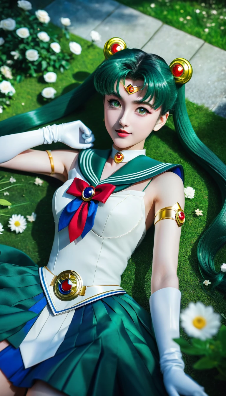 (Extreme Detail CG Unity 8K wallpaper, masterpiece, highest quality), (exquisite lighting and shadow, highly dramatic picture, cinematic lens effect), (Sailor Moon: 1.4), delicate facial features, charming smile, star eyes, ((dark green hair)), belt, white gloves, dynamic pose, lying in the garden), (background in a garden full of flowers) (excellent detail, outstanding lighting, wide angle), (excellent rendering, enough to be proud of its kind),