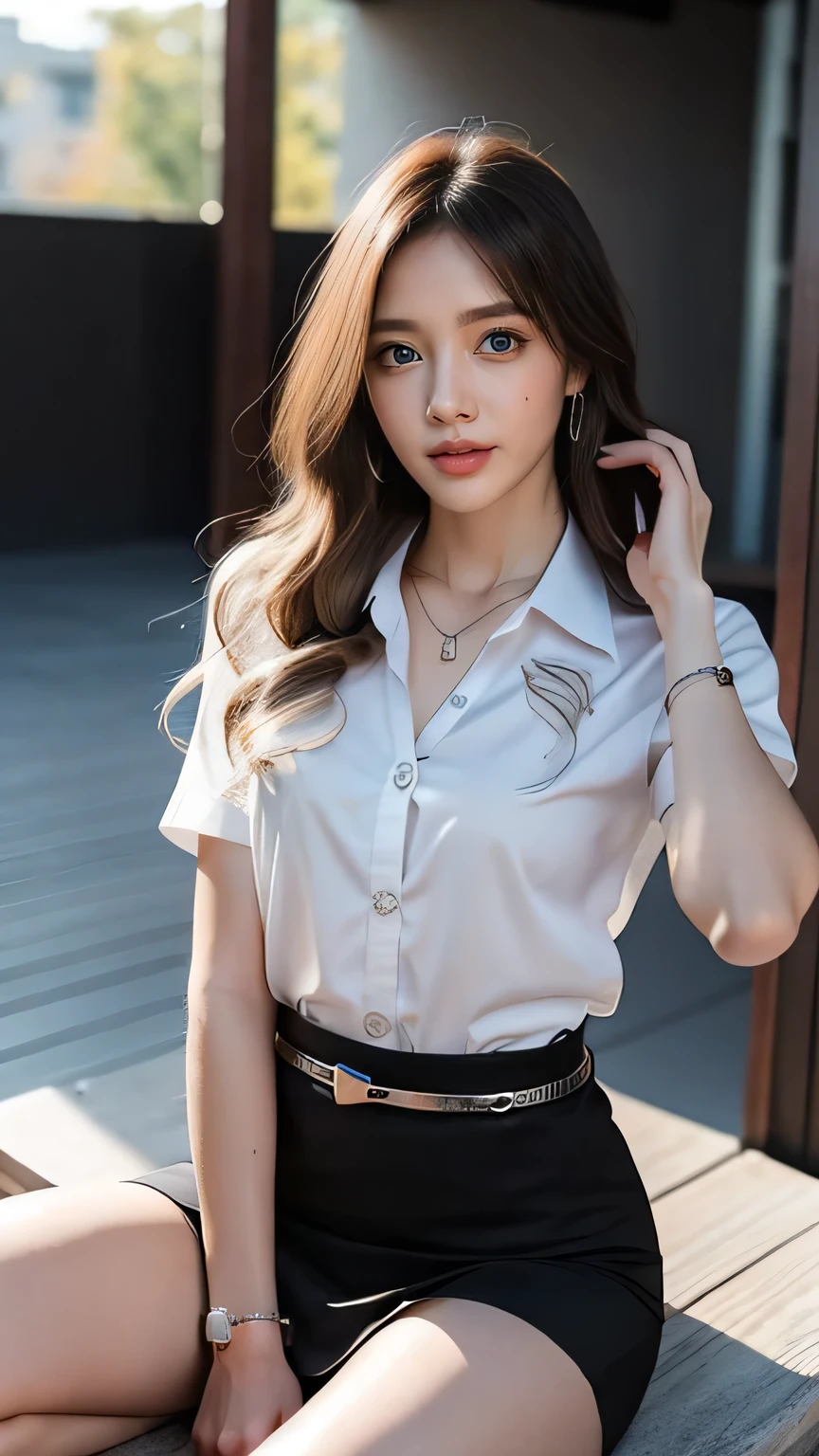 (High resolution 8K, Masterpiece, Only the best quality complicated details Chromatic aberration) realistic ((small breasts)) Hair strewn in one eye.,
Very large round silver earrings worn on the ear., Diamond Choker, necklaceพลอยแดง, medium sized silver necklace, bracelet, Many bracelets, leather strap watch, Anklet, Waist necklace, stilettos,
Sharp eyes, necklace, (Symmetrical eyes), (Perfect symmetrical body), (Photo of a beautiful 19 year old age girl.), Beautiful and charming with contemporary fashion paintings as well., looking at the audience,
((Sitting in a red five-tiered amphitheater behind a large glass room.)), ((black short skirt)), (((Wear a blue shirt over it.)), (White short sleeve shirt), (open chest), no bra.), (open chest), (soft breasts)),
(Long square leather belt buckle), Put your hands down, (Light brown golden blonde bob, large spiral curls, (There is some hair covering the face..)), sharp eyeliner, Dark eyes, eyelid, Blush with thick eyelashes,
Curly eyelashes, Very delicate and beautiful, Sharp focus. elegant. (Spread your legs moderately in the stands. ) (open legs, Look at the panties.) (open legsของคุณและยกขาซ้ายขึ้น. (natural release) Set a seductive example,
Let your legs be at natural eye level.., separated,(University outfit)