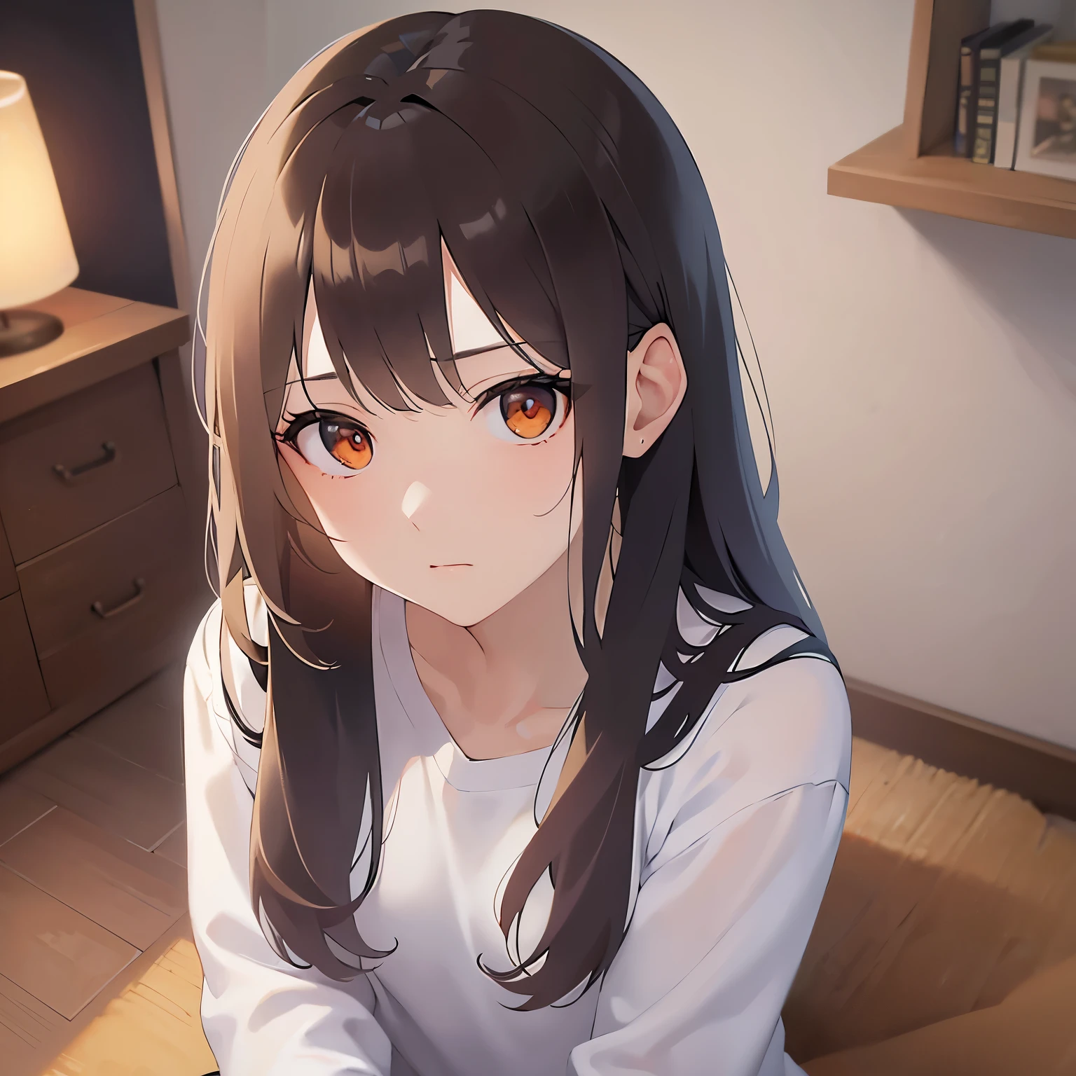（looking at viewer:1.5）,Upper Body,Shooting from above、
 Realistic, real person, (pale skin: 1.2), RAW photo, photorealistic, shiny skin, shiny hair、
(A 25-year-old woman with medium-length hair and bangs) and (wavy hair) and (brown hair) and (orange eyes) 、
nervous,frown,Sitting、White long sleeve shirt、The background is the living room at night、Night Sky