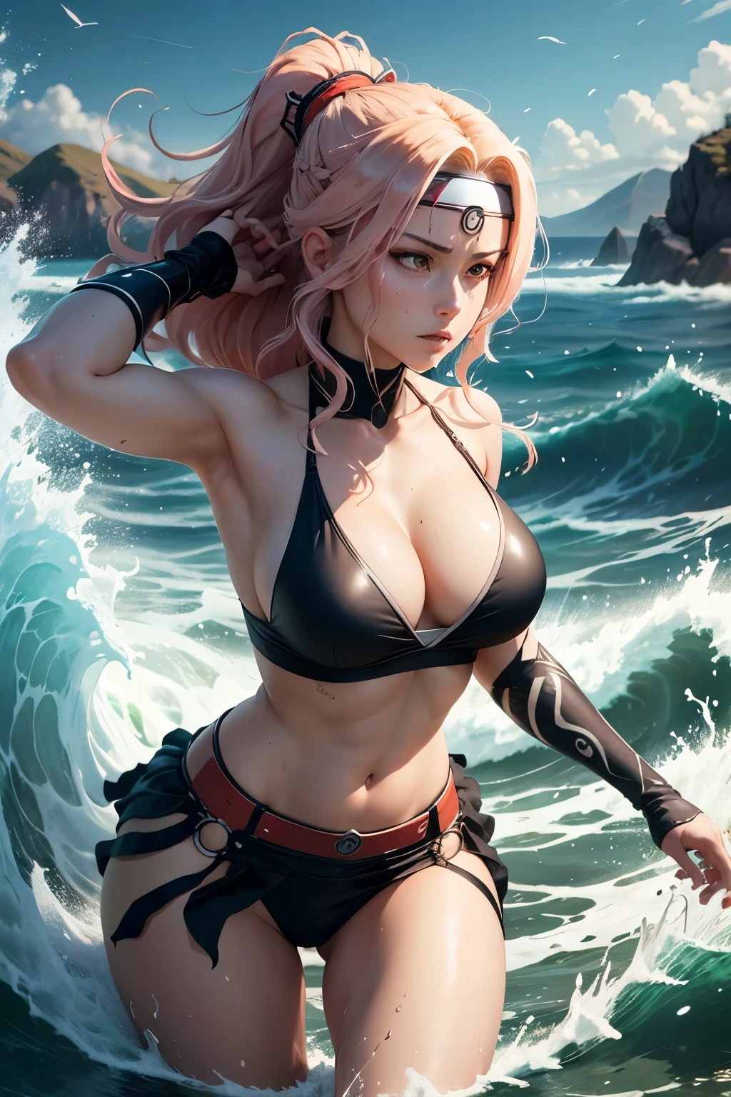Tsunade, a formidable and revered figure, is depicted in the image. She is seen standing tall and confident, her signature headband tightly secured across her forehead. Her signature rejuvenation jutsu has restored her youthful appearance, her once-light hair now a vibrant shade of red, cascading down to her waist in luscious waves. The picture captures her in her element, surrounded by the aftermath of a  battle, with waves of chakra still swirling around her. A tsunami-like surge of water, symbolizing her skill in water release jutsu, can be seen vividly in the background. The image radiates a sense of strength, res