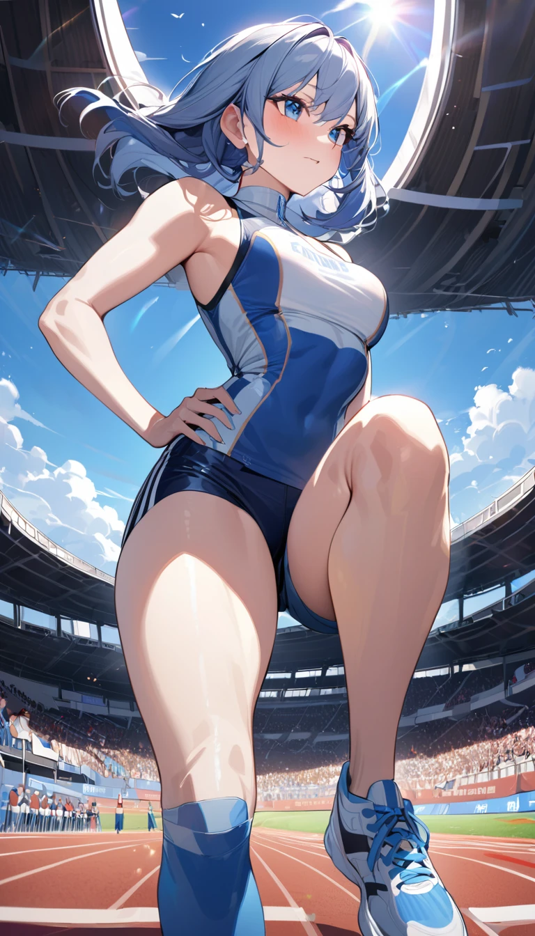 best quality, high quality, 16K, Unbelievably ridiculous, Very detailed, 2.5D, Delicate and dynamic, Blue sky, Track and field arena,Get ready to start, crowd, audience, athlete' Admission, A lot of people々, Gentlemen.々Race, Gentlemen.々age, men and women, Gentlemen.々nationality, Many flags, Ignite the Flame