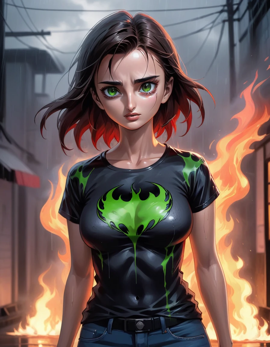 atmosphere oily rainy style animation 2.5D manga niji6 strong strokes art oil paint super details in art Penelope Cruz + venom girl in a tight t-shirt with red fire with green eyes with black tomoi in style reality photo realism maximum quality details super perfection state-of-the-art graphics