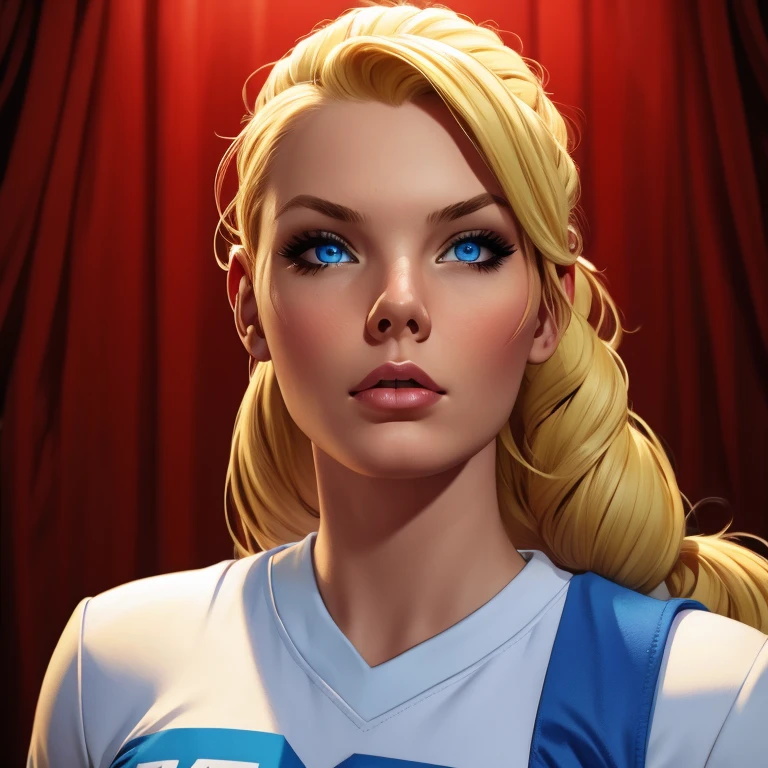 1girl, ellie, blonde long braided hair, blue eyes, thin lips, round face, large breasts, cheerleader uniform, holding chainsaw, arrogant expression, zombie slayer, protagonist, best quality, 8k, high resolution, photorealistic, hyper detailed, studio lighting, vibrant colors, dramatic lighting, cinematic, concept art style, dark fantasy