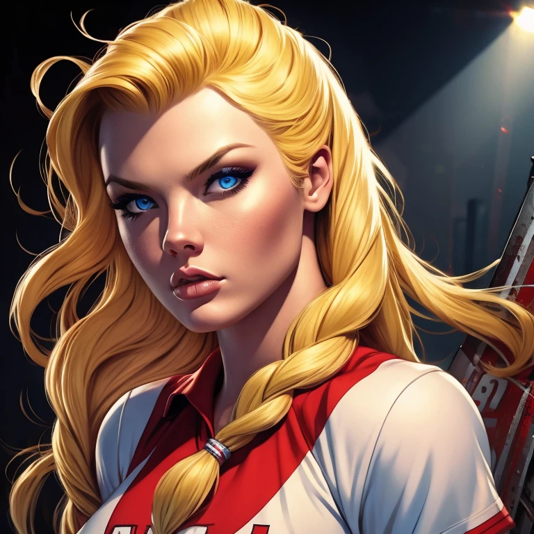 1girl, ellie, blonde long braided hair, blue eyes, thin lips, round face, large breasts, cheerleader uniform, holding chainsaw, arrogant expression, zombie slayer, protagonist, best quality, 8k, high resolution, photorealistic, hyper detailed, studio lighting, vibrant colors, dramatic lighting, cinematic, concept art style, dark fantasy