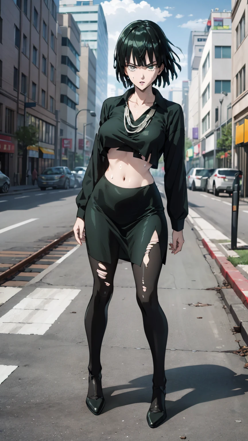 (((pixel-perfect, detail-perfect))), 独奏, 1girl, fubuki,collared dress, collarbone, necklace, looking at viewer, Closed lips、Torn clothes、Sweat、belly button、Upper body naked、Whiplash tracks、regrettable、it hurts、Ruined City、Dust cloud、audience、Fighting Stance、Battle Scenes、Full Body Shot