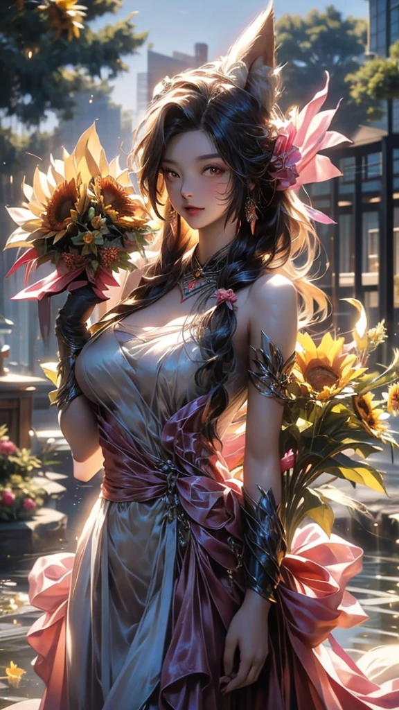 sunflower花田,20 years old,full of sunshine,splendid,sunflower女神(oriental goddess),Large Breasts,Long hair in a ponytail,sunflower長身裙, hand basket,bouquet(sunflower),