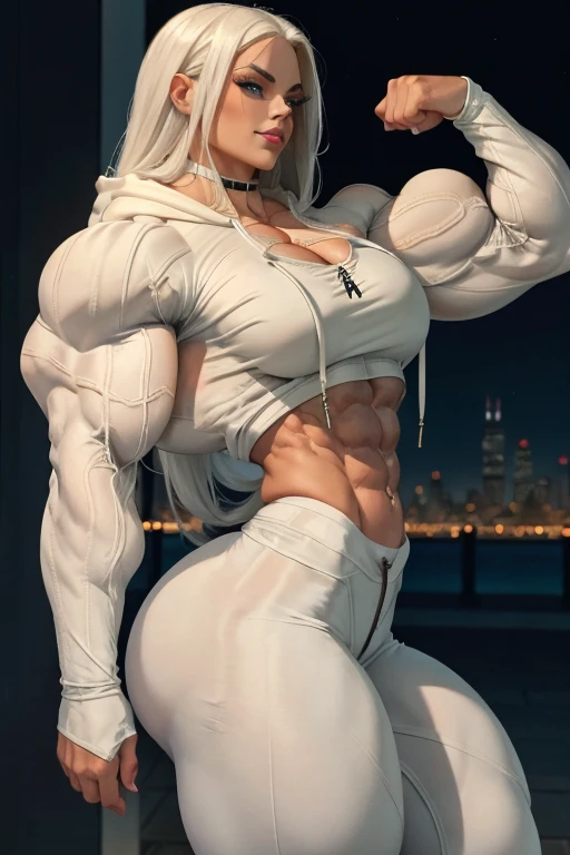 ((Close-up)), tall, (White hair) beautiful muscular cowgirl, long straight hair, light brown skinned, closed smile, (black lipstick), (massive muscles), (hyper muscle), (ginormous bulky muscles), blue eyes, ((white long sleeve hoodie, hood down)), (white exercise pants), choker, sneakers, in Chicago at night, (flexing) 