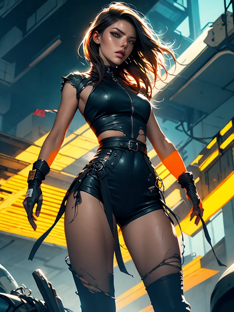 dark and torn, 1 young beautiful muscular body, fierce expression, holding a gun, (colors on her clothes, warm, orange, yellow, violet:1.3), standing on a desolate wasteland, dramatic lighting, intense shadows, sandy texture, tall contrast, vibrant colors, dynamic pose, powerful stance, rugged background, explosive atmosphere, dystopian theme, surreal elements, digitally painted illustration, HD resolution, intricate details, dramatic composition, avant-garde and chaotic brush strokes, gothic style, intense emotions, epic scale, raw and gritty feel, captivating and provocative artwork.