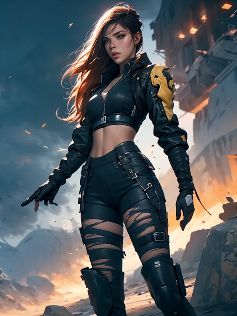 dark and torn, ****ung beautiful muscular body, fierce expression, holding a gun, (colors on her clothes, warm, orange, yellow, violet:1.3), standing on a desolate wasteland, dramatic lighting, intense shadows, sandy texture, tall contrast, vibrant colors, dynamic pose, powerful stance, rugged background, explosive atmosphere, dystopian theme, surreal elements, digitally painted illustration, HD resolution, intricate details, dramatic composition, avant-garde and chaotic brush strokes, gothic style, intense emotions, epic scale, raw and gritty feel, captivating and provocative artwork.