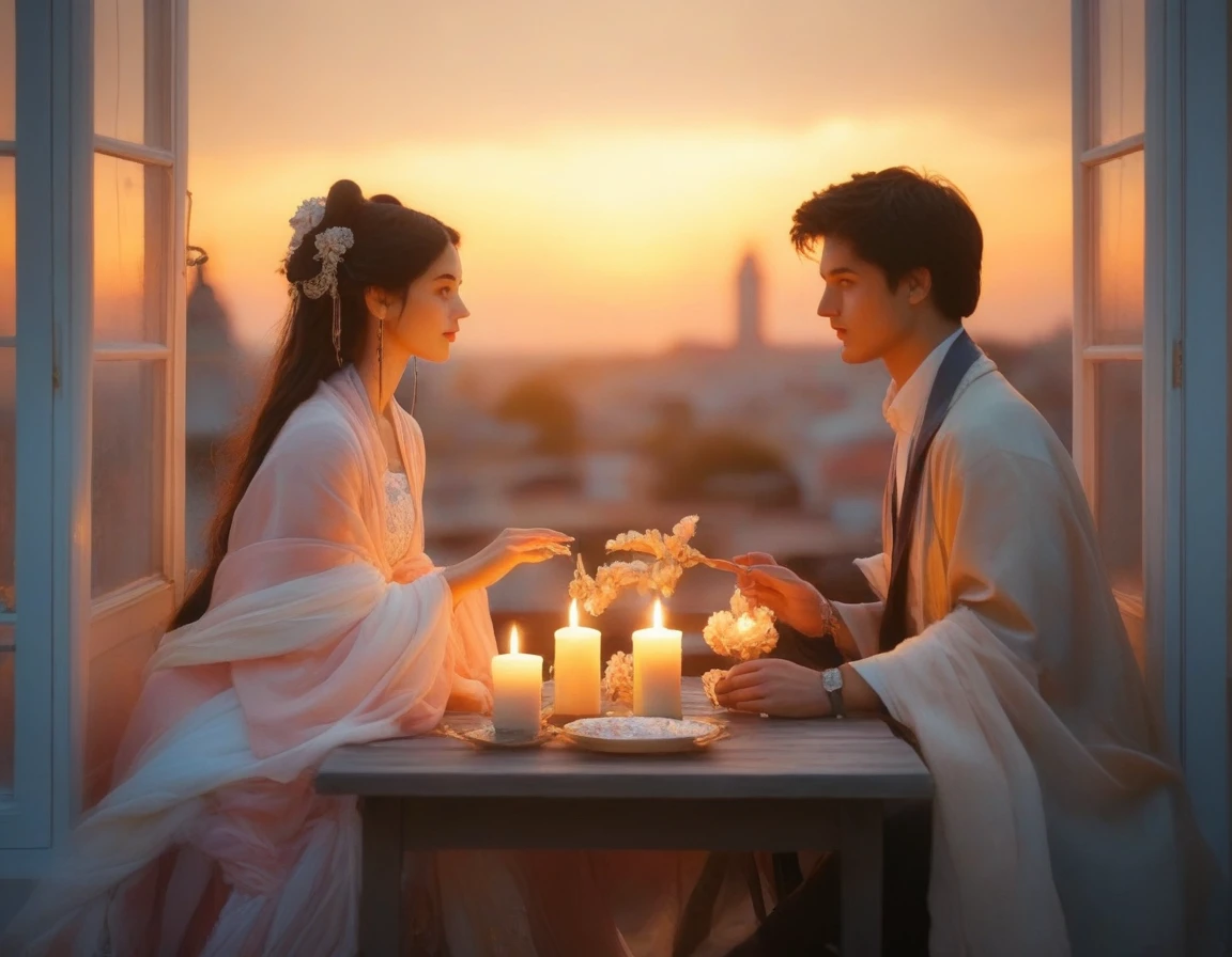 a man and woman sitting at a table with candles in front of a window, a picture by Karl Völker, pexels contest winner, romanticism, gorgeous romantic sunset, romantic couple, romantic scene, rooftop romantic, dreamy and romantic, in romantic style, romantic atmosphere, romantic ambiente, unreal engine ; romantic theme, ❤🔥🍄🌪