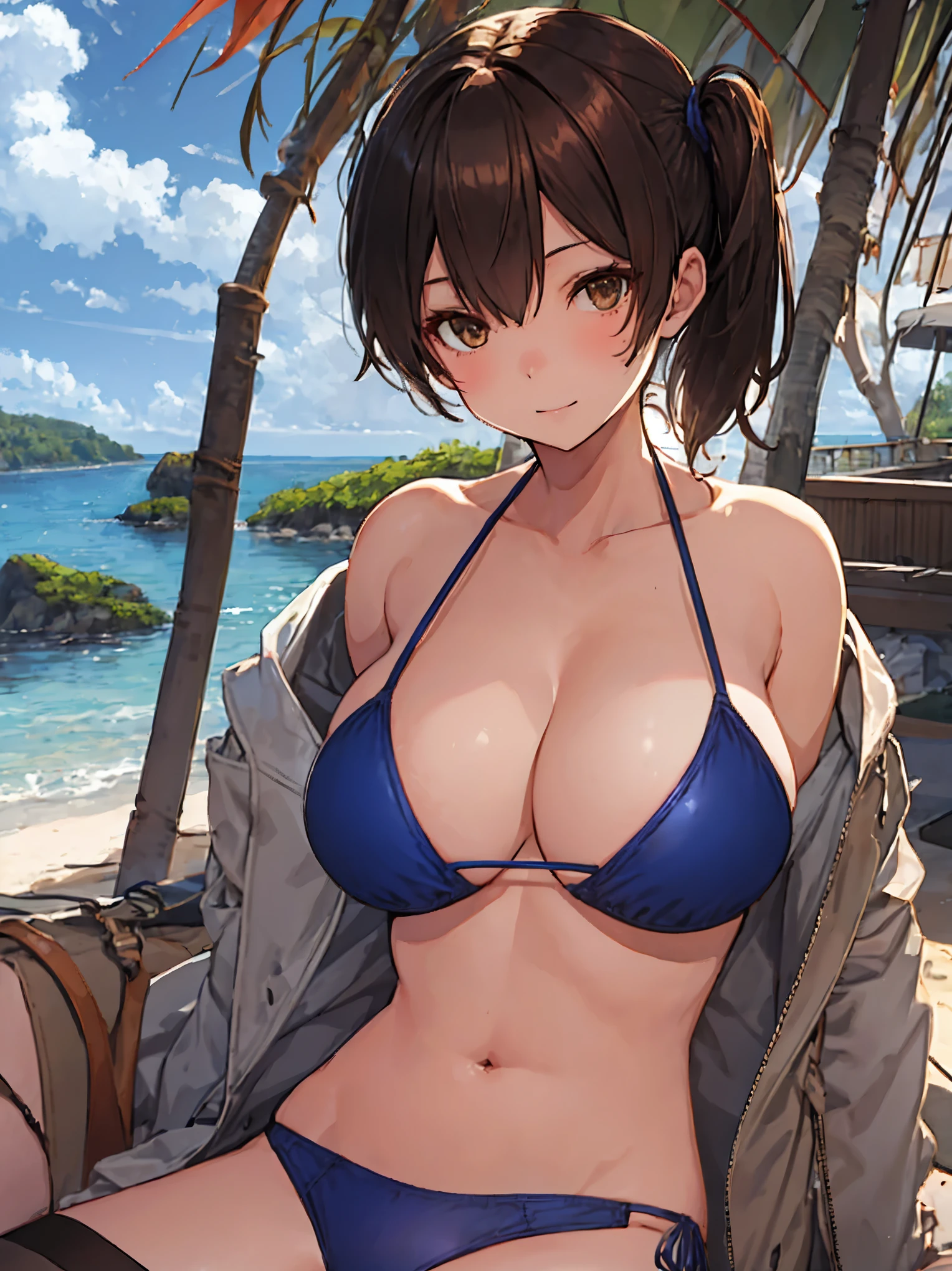 Beautiful illustration、top-quality、Kaga_kantaicollection
brown_hair, Side_Ponytail, brown_Eyes, Short_hair, (gigantic_breasts1.3) long_hair、Blue Bikini、 coast_landscape,(abs:0.5),navel,solo,(light_smile:0.7),happy