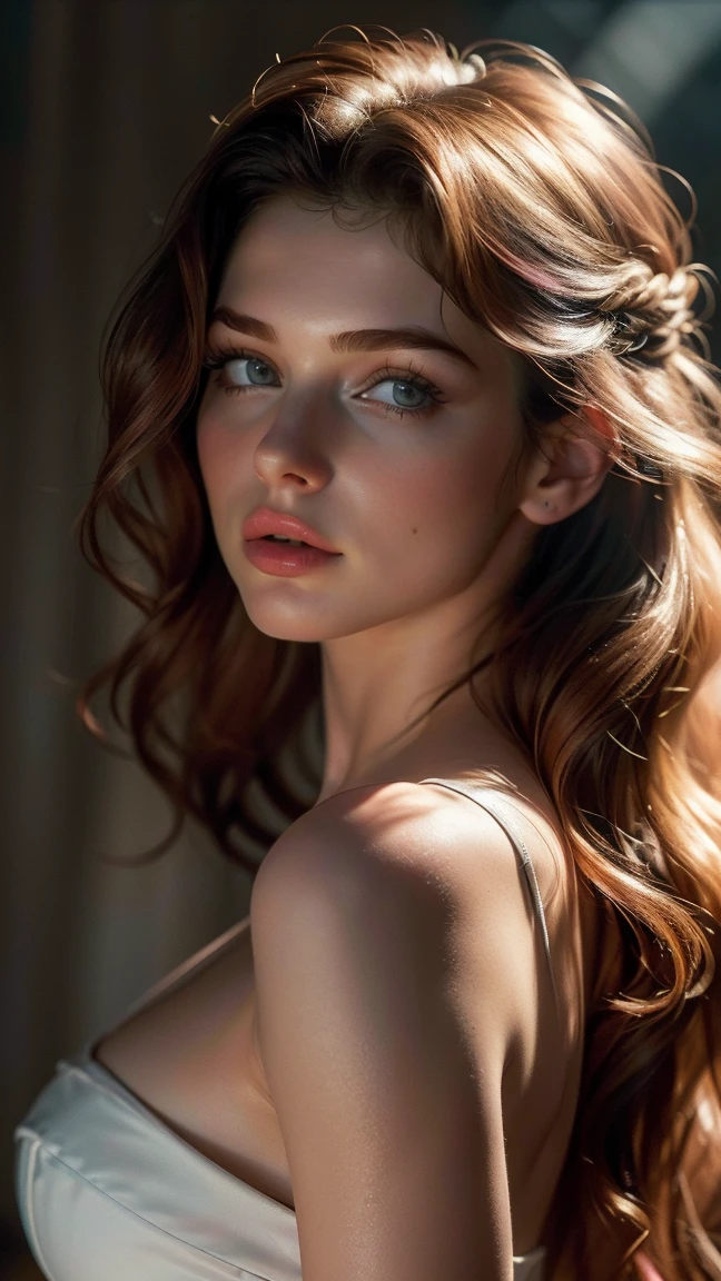 (((ultra realist))) photoshot, ​masterpiece, top quality, (pale skin), (ultra-detailed face and eyes:1.3), 1 girl, adult, In Lifchik, ((Eye make up, pink mascara)), ((size, Detailed Lips)), ((pink wavy hair)), ((Chyolka)) , (Natural breasts), Slender waist. ((posing)), photoshot-Shooting, studio (Contour lighting), (The play of light and shadow), depth of field, bokeh, (special attention to skin details: 1.2), Detailed leather structure, Hautporen. (Light atmosphere of the frame. Colour palette - delicate, bright, Gelbtöne), DR, ((film grain)), ((Rays)), (glare), ((photoshot from the back)) , ultra detailed, 