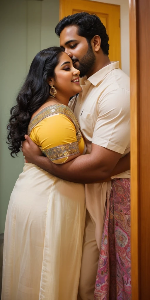 A radiant, full-figured South Indian 25 year old girl wearing a cream colour nighty tenderly hugging  and kissing a jubilant 35-year-old man while in dressing room, captured in a full-body image with vibrant hues and meticulous details. Full body image