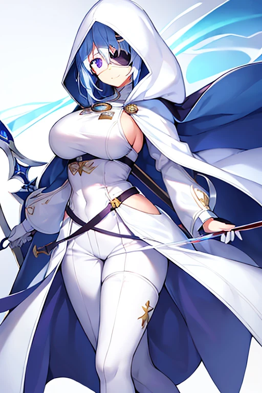 1girl, large breasts, light blue hair, purple eyes, one eye covered, eyepatch, ((eyepatch)), medium hair, smile, light smile, cloak, white cloak, white hood, white cape, cape, belt, white pants, white clothes, hood up, pants, ((pants)), hourglass figure, bow /(weapon/)
