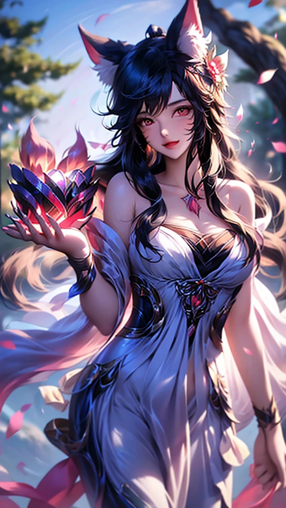 best quality,masterpiece,Ultra-high resolution,(photoactual:1.4),,Sky full of water lilies(background),20 years old ,water lily goddess(Japanese Girls),Long hair with a shawl,cute eyes,Sexy body,Big breasts,Wearing a water lily strapless dress,Lying in a sea of water lilies,The mouth smiles,Thinking,