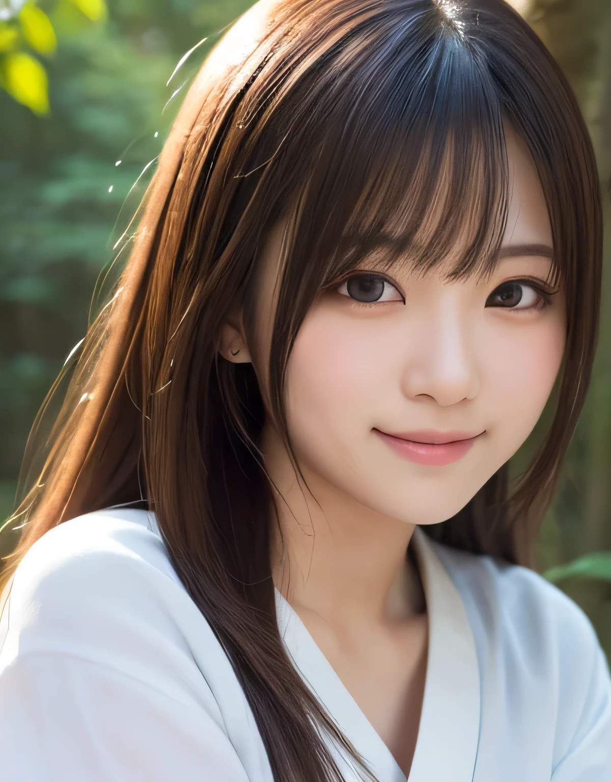 best quality, face focus, soft light, ultra high res, (photorealistic:1.4), RAW photo,(Shinozaki Ai),
1japanese girl, solo, cute, kawaii, smile, (pupil, lights in the eyes), detailed beautiful face, (busty),(high resolution detail of human skin texture),(long hair),(portrait), upper body, white traditional kimono, in the forest,
