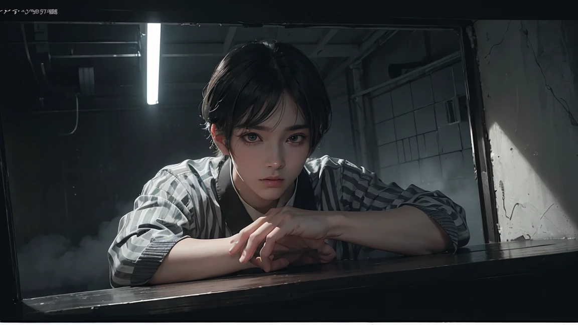 (8k, RAW photos, best quality, masterpiece: 1.4), (((Boy examining himself))),Ultra-high resolution, Extremely detailed, Dim Lights, Upper body close-up, handsome boy, black eyes, (delicate eyes, Eyes are bright:1.2), Gray short hair, Fair skin,dark, Black and white striped prison uniform,Black and white striped prison pants,(perfect anatomy:1.2), High-quality shadows, Natural Lighting, (Anime style:1.2), night, cloudy day, (Dimly lit cells:1.2), (Metal walls all around:1.2)