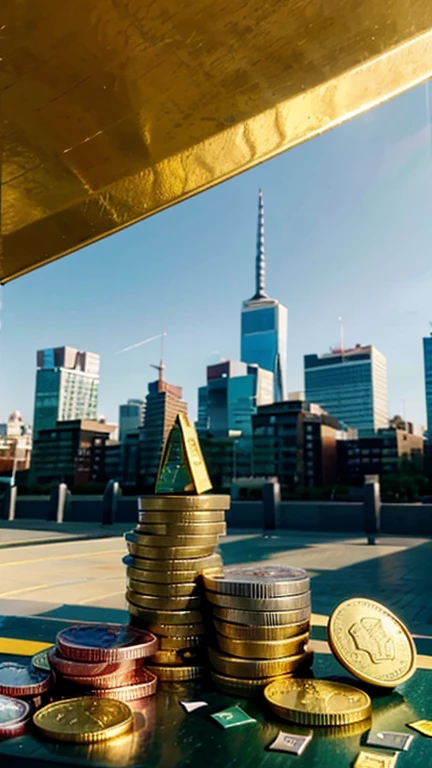 A vibrant and modern image that symbolizes financial success and investments. In the center, a growth chart with an upward arrow, surrounded by shiny banknotes and coins. In the background, a sophisticated urban scene, with tall buildings and a clear sky. Include details like a pile of gold or a hand holding an investment contract. The text should say: 'Build your future with wisdom and strategy'. Predominant colors: green (for wealth), gold (for fortune) and blue (for trust).