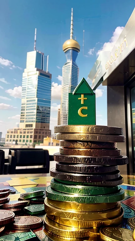 A vibrant and modern image that symbolizes financial success and investments. In the center, a growth chart with an upward arrow, surrounded by shiny banknotes and coins. In the background, a sophisticated urban scene, with tall buildings and a clear sky. Include details like a pile of gold or a hand holding an investment contract. The text should say: 'Build your future with wisdom and strategy'. Predominant colors: green (for wealth), gold (for fortune) and blue (for trust).