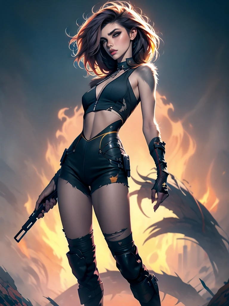 dark and torn, ung beautiful muscular body, fierce expression, holding a gun, (colors on her clothes, warm, orange, yellow, violet:1.3), standing on a desolate wasteland, dramatic lighting, intense shadows, sandy texture, tall contrast, vibrant colors, dynamic pose, powerful stance, rugged background, explosive atmosphere, dystopian theme, surreal elements, digitally painted illustration, HD resolution, intricate details, dramatic composition, avant-garde and chaotic brush strokes, gothic style, intense emotions, epic scale, raw and gritty feel, captivating and provocative artwork.