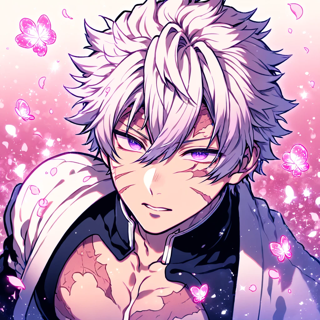Ultra detailed, HDR, Highres, absurdres, master piece, Shinazugawa Sanemi, white hair, hair between the eyes, expressive purple eyes, white cropped haori, toned chest, scars on his face and chest, Kimetsu No Yaiba, black demon uniform, solo, pink glittering butterflies, pink ice, petals, pink ice glass roses, sexy man, sensual, handsome, glittering, water, fantasy, magical, manly man, close up,
