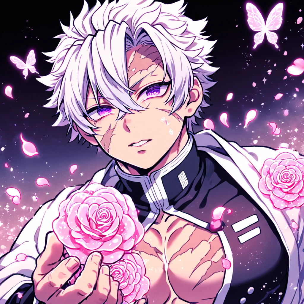 Ultra detailed, HDR, Highres, absurdres, master piece, Shinazugawa Sanemi, white hair, hair between the eyes, expressive purple eyes, white cropped haori, toned chest, scars on his face and chest, Kimetsu No Yaiba, black demon uniform, solo, pink glittering butterflies, pink ice, petals, pink ice glass roses, sexy man, sensual, handsome, glittering, water, fantasy, magical, manly man, close up,