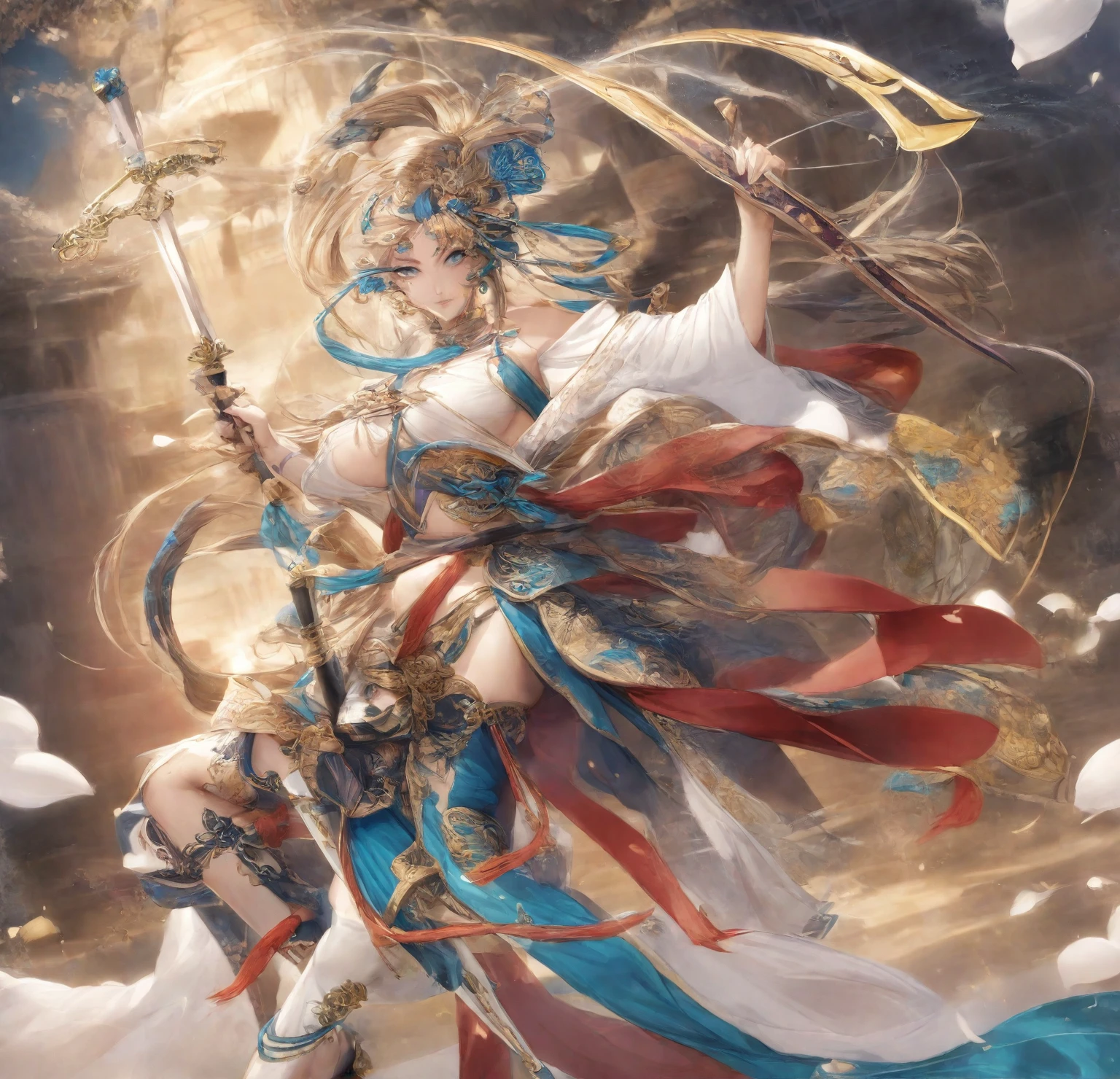 A beautiful woman in Persian clothing,Female character holding a sword, She holds a sword,blue eyes