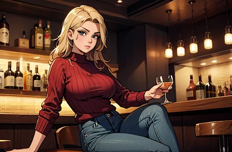 8k, Highest quality, Realistic photos, Realistic details, Clear Face, Delicate facial features, Real Skin Glow, pretty girl, shy, To the camera, A girl sitting at a bar wearing a grey fishnet sweater and tight jeans, Clear Bar Background, Ocean view, Arms on the bar counter, Hip, The body is slim, Big Breasts, 24-years-old, Charm, Seductive eyes