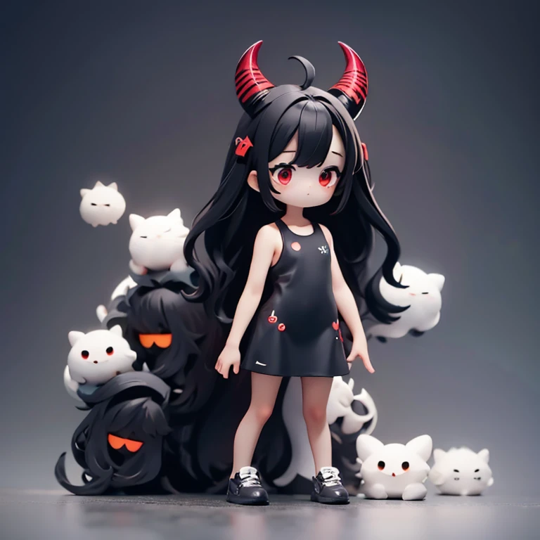 Young Girl,,Wearing a one-piece dress,Mini character,Red eyes,Black Hair,Long Hair,Dark atmosphere,Deformed character,Horns growing,Ahoge,
