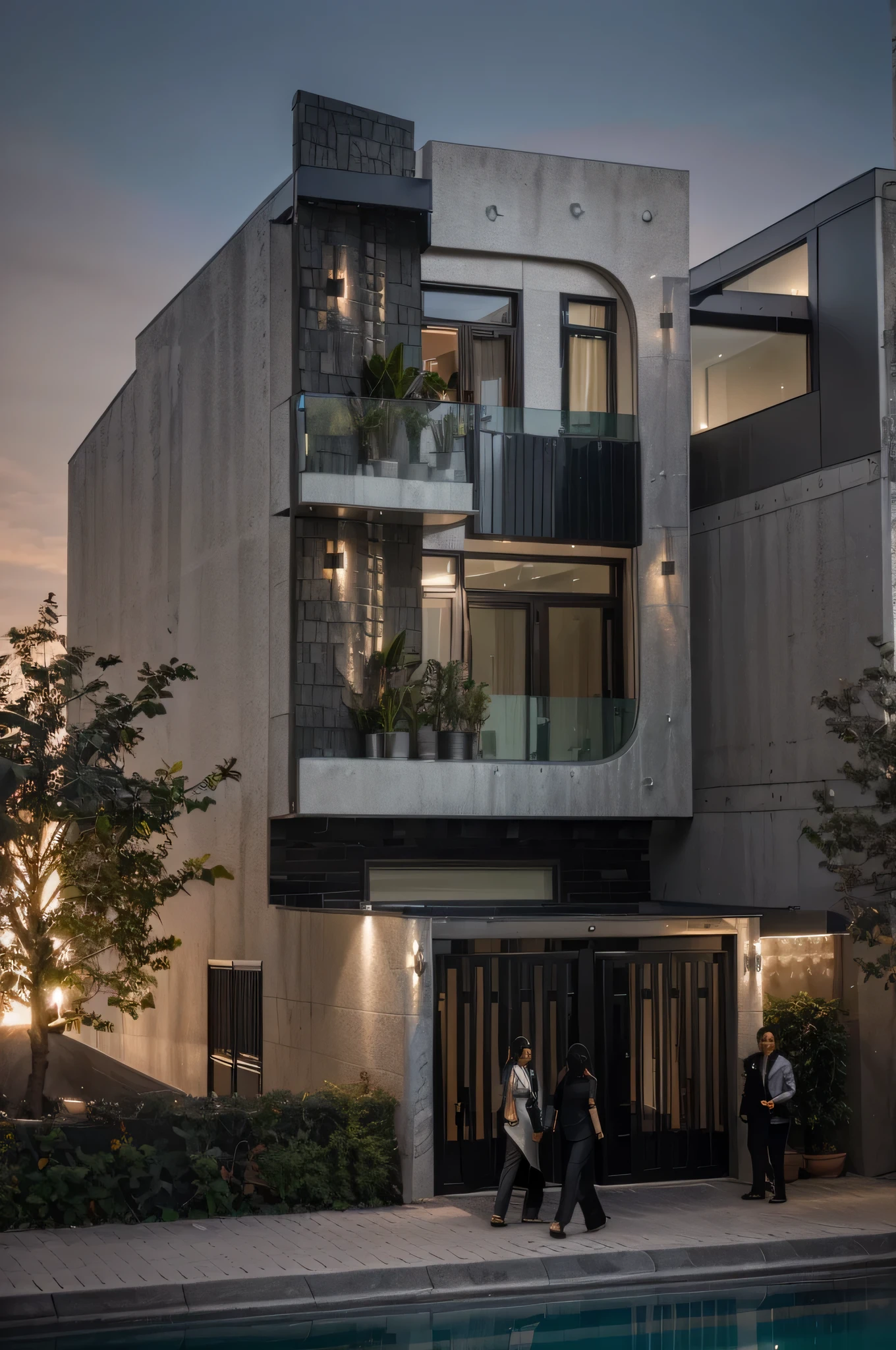 exterior of house, modern style, black granite, glass door, glass railling, black metal gate, potted plants , 5 stars hotel design, beautiful landscape, stone pavement,cars, RAW photo, 8k uhd, dslr, soft lighting, high quality, film grain, Fujifilm XT3,masterpiece,