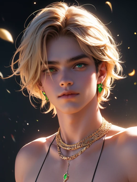 The magical look of a girl with wavy blond short hair, Emerald eyes , sparkling eyes ! just sparkles from the eyes - such a piercing look !! dark skin, Cute boy, boy with a beautiful face, Realistic anime style . Mysterious magic surrounds her !against the backdrop of the universe , with flashing lightning