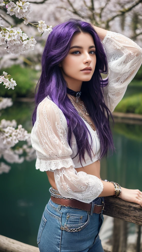 Russian, Nordic, Celtic, Scandinavian, (((long wavy purple hair, long loose purple hair, long purple layered hair, dark purple messy hair, face covered by hair, wind blowing hair, hair in face, pulled back hair))), (((dark exotic eyes, tan skin))), (((chains, collar, choker, cuffs, bracelets, ring))), (((black eye makeup, black lipstick makeup))), (((white, lace, filigree, midriff, corset, sleeves, low-cut jeans)))), (((curvy, thick, medium size, provocative, seductive))), enchanting gaze, captivating pose, (((forest, woods, park, river, stream, pond, lake, waterfall, cherry blossoms, Sakura, Aurora, northern lights, moonlight, nighttime, night scene, clouds))), (((content, happy, glow))), modeling, hands in hair