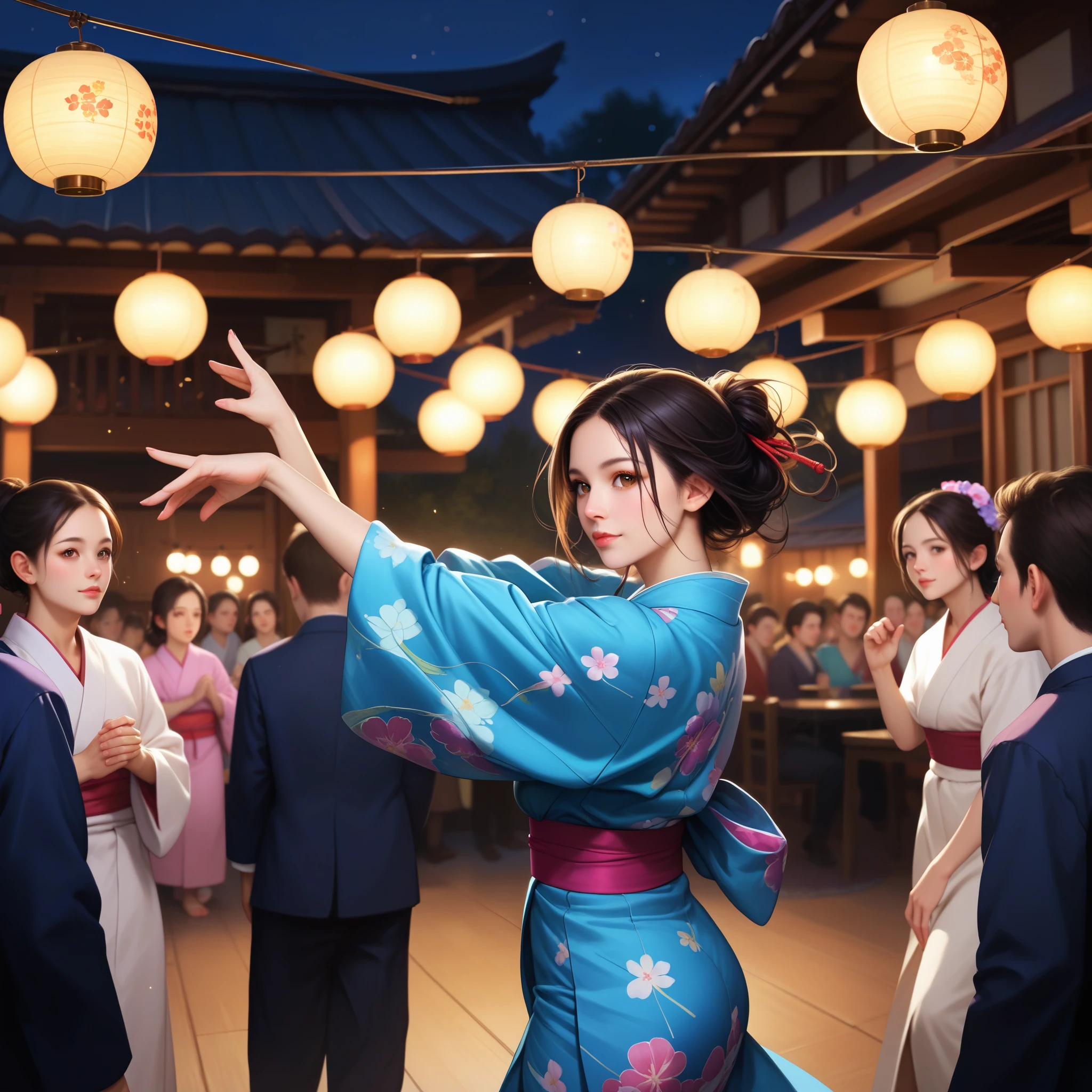 score_9, score_8_up, score_7_up, score_6_up, score_5_up, score_4_up, best quality, masterpiece, (detailed eye), 1girl, Japanese girl, BREAK
Brown eyes, Bon dance, dancing with hands raised lightly, yukata, uchiwa, night, large square, circle formed by people dancing, lanterns hanging overhead.