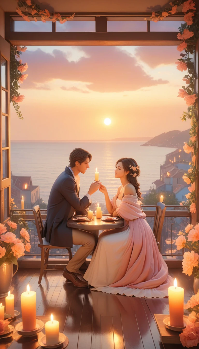 a man and woman sitting at a table with candles in front of a window, gorgeous romantic sunset, romantic couple, romantic scene, rooftop romantic, dreamy and romantic, in romantic style, romantic atmosphere, romantic ambiente, unreal engine ; romantic theme, ❤🔥🍄🌪, warm beautiful scene, romantic themed, romantic!!!, romantic painting, romantic light, summer setting