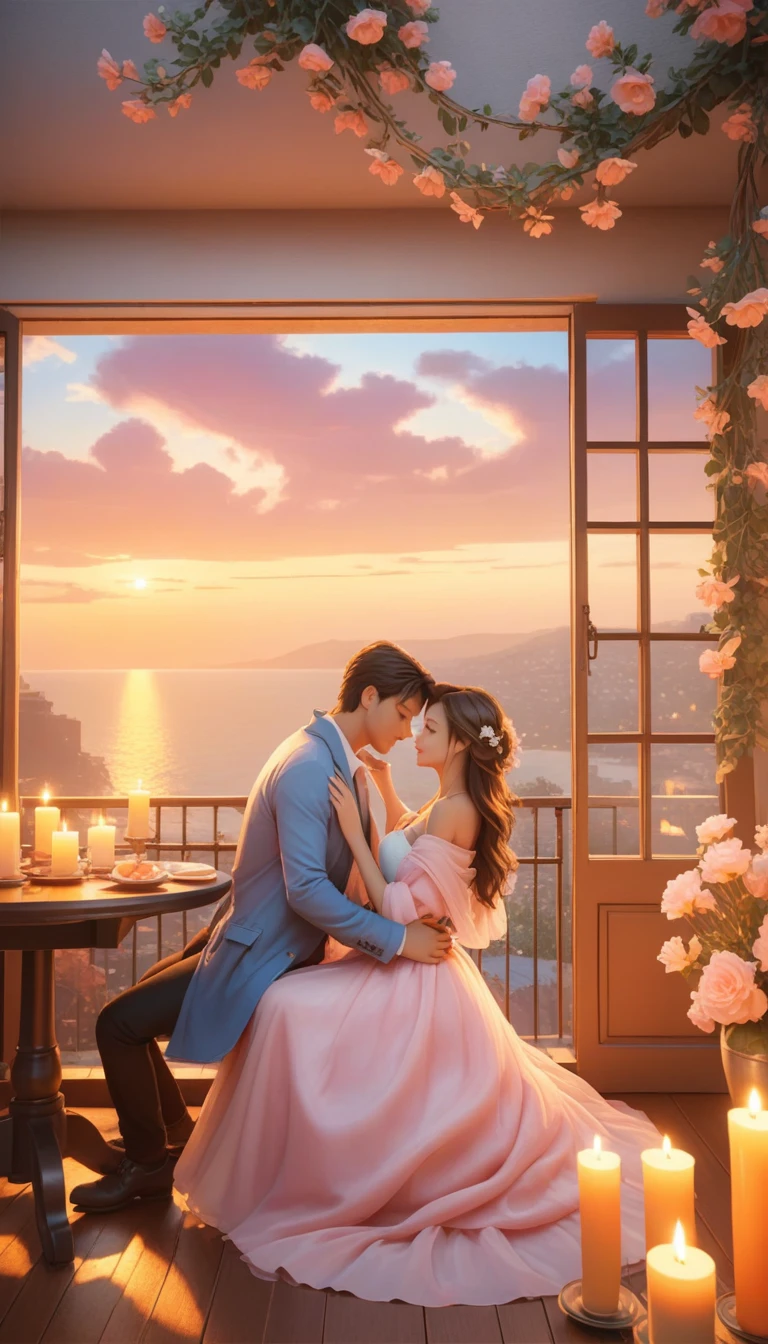 a man and woman sitting at a table with candles in front of a window, gorgeous romantic sunset, romantic couple, romantic scene, rooftop romantic, dreamy and romantic, in romantic style, romantic atmosphere, romantic ambiente, unreal engine ; romantic theme, ❤🔥🍄🌪, warm beautiful scene, romantic themed, romantic!!!, romantic painting, romantic light, summer setting