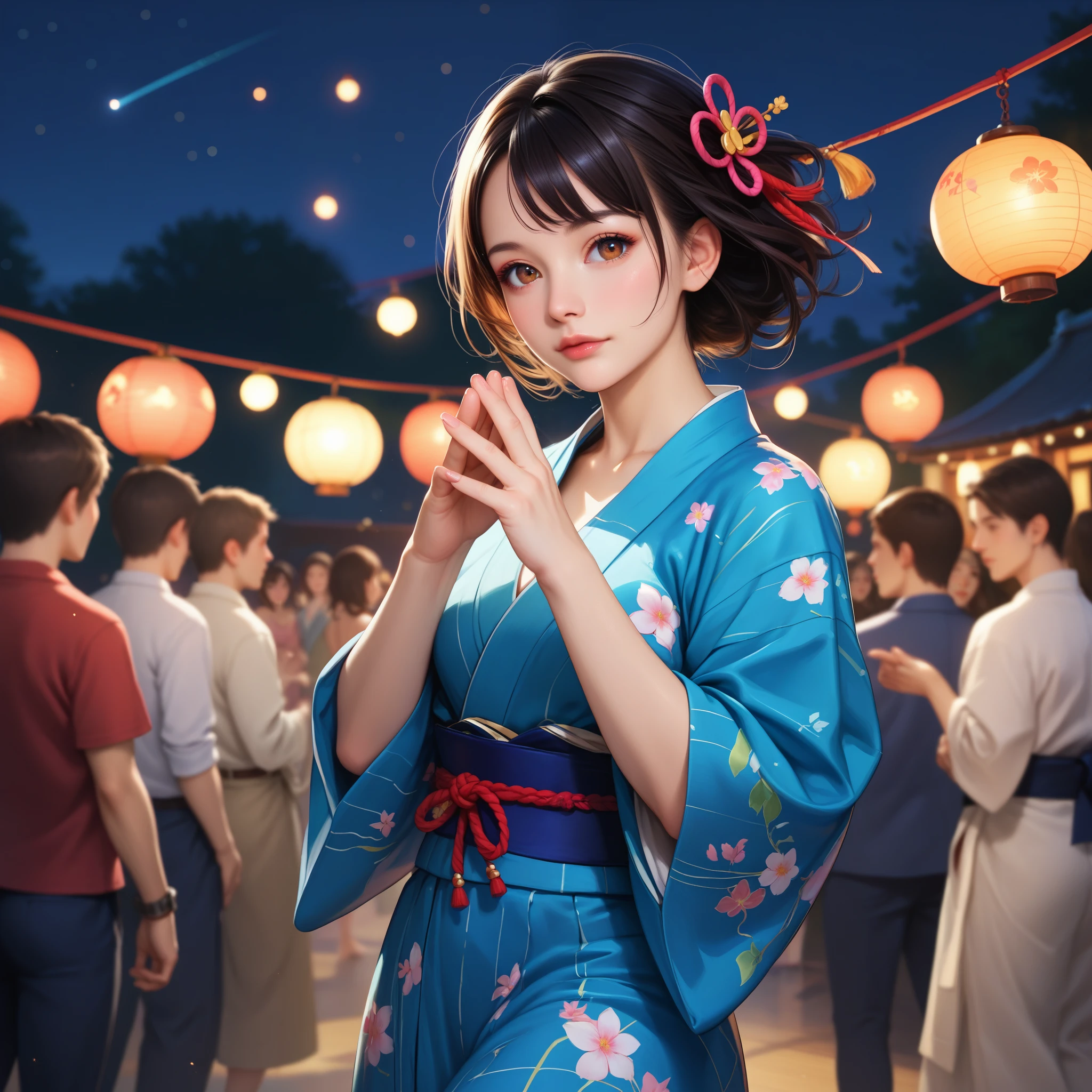 score_9, score_8_up, score_7_up, score_6_up, score_5_up, score_4_up, best quality, masterpiece, (detailed eye), 1girl, Japanese girl, BREAK
Brown eyes, Bon dance, dancing with hands raised lightly, yukata, uchiwa, night, large square, circle formed by people dancing, lanterns hanging overhead.