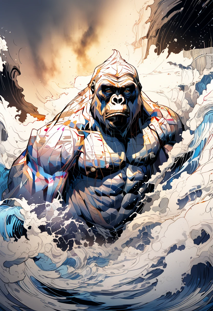 (Highest quality:0.8), (Highest quality:0.8), Perfect illustration((masterpiece, Highest quality)), Close-up portrait of a gorilla、32K Wallpapers, Very detailed, Realistic photos, RAW Photos, Gorilla attacks viewer, Powerful Movement, Pounce on prey, ((Dynamic jump)),  A gorilla approaching from above, Sudden Approach, hard to please, Dynamic shots from the ground