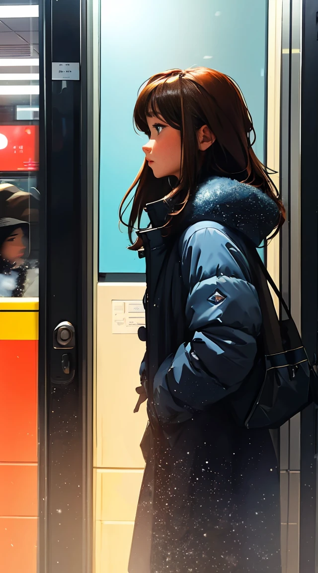 Man looking at the scenery outside the window in front of the subway door,A woman looking at the woman from the side,vivid colors, soft focus, Light leakage, dreamy winter atmosphere, experimental charm, Retro charm break color field painting, A variety of colors, abstract expressionism, bold hues, emotional impact, atmospheric depth, Minimalist approach BREAK, Beautiful girl, UHD (ultra detail) Viewers watching him wearing hip-hop style padding.., another, fancy, long, hair dyed brown 🌈, bright padded clothing, White stardust in dark areas, absurd, high resolution, very detailed, (1 male 1 female : 1.3), vivid colors, soft focus, Light leakage, dreamy atmosphere, information