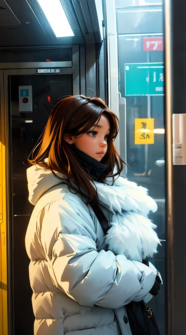 Man looking at the scenery outside the window in front of the subway door,A woman looking at the woman from the side,vivid colors, soft focus, Light leakage, dreamy winter atmosphere, experimental charm, Retro charm break color field painting, A variety of colors, abstract expressionism, bold hues, emotional impact, atmospheric depth, Minimalist approach BREAK, Beautiful girl, UHD (ultra detail) Viewers watching him wearing hip-hop style padding.., another, fancy, long, hair dyed brown 🌈, bright padded clothing, White stardust in dark areas, absurd, high resolution, very detailed, (1 male 1 female : 1.3), vivid colors, soft focus, Light leakage, dreamy atmosphere, information