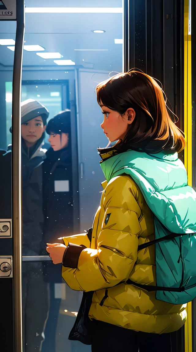 Man looking at the scenery outside the window in front of the subway door,A woman looking at the woman from the side,vivid colors, soft focus, Light leakage, dreamy winter atmosphere, experimental charm, Retro charm break color field painting, A variety of colors, abstract expressionism, bold hues, emotional impact, atmospheric depth, Minimalist approach BREAK, Beautiful girl, UHD (ultra detail) Viewers watching him wearing hip-hop style padding.., another, fancy, long, hair dyed brown 🌈, bright padded clothing, White stardust in dark areas, absurd, high resolution, very detailed, (1 male 1 female : 1.3), vivid colors, soft focus, Light leakage, dreamy atmosphere, information
