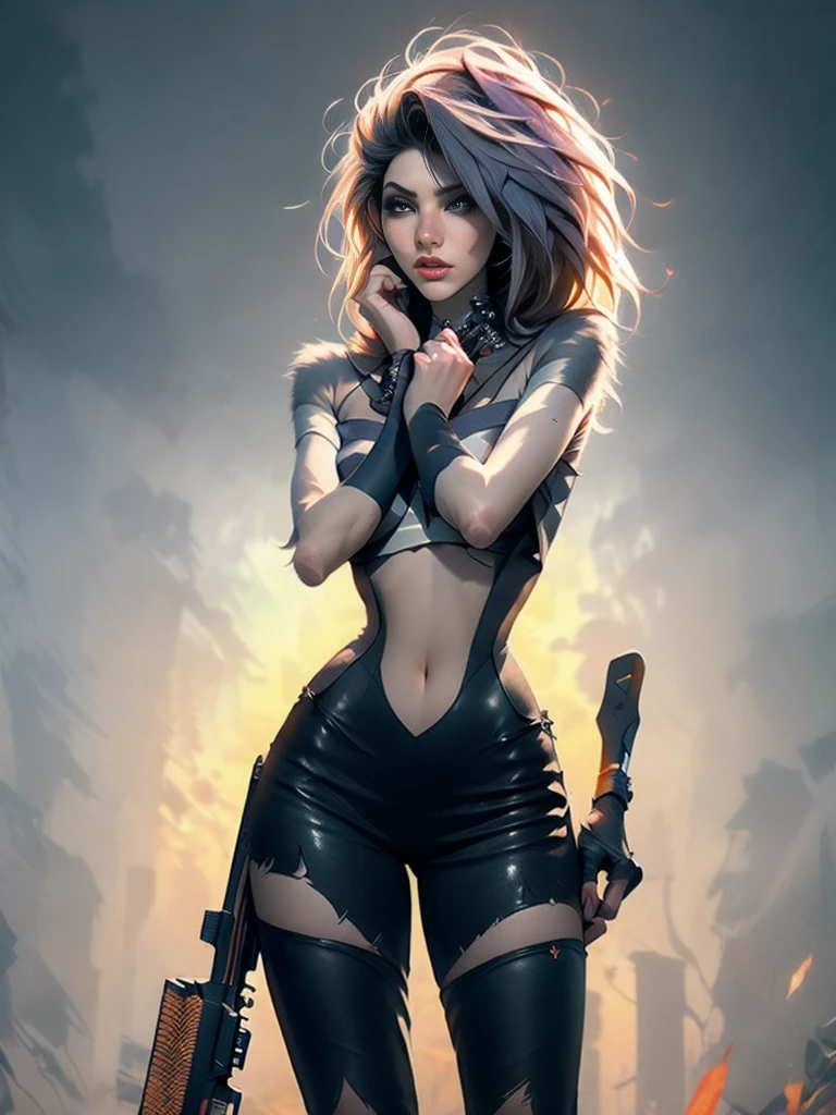 (best quality, masterpiece), 1girl, samurai, particle, wind, looking at viewer, fox ear, monsters in background, backlighting, upper body, pose, deepika, in action angry, perfect figure, leather pants, front view