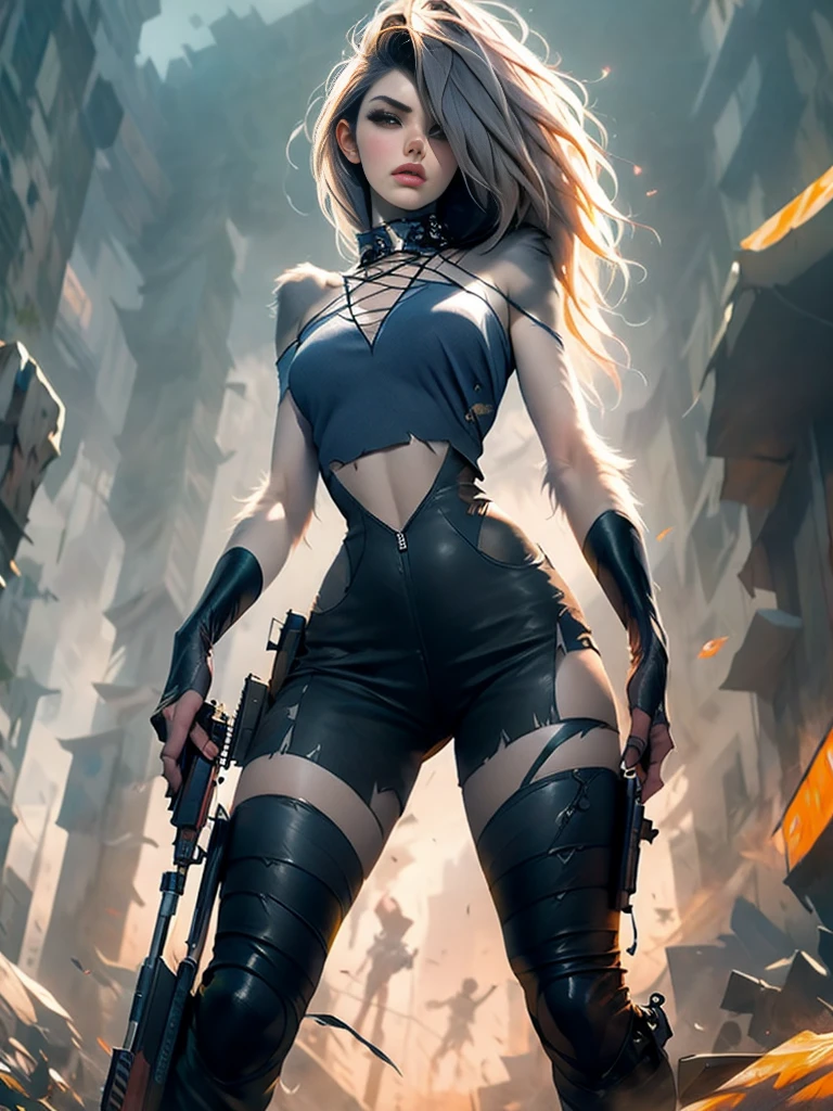 dark and torn, 1 young beautiful muscular body, fierce expression, holding a gun, (colors on her clothes, warm, orange, yellow, violet:1.3), standing on a desolate wasteland, dramatic lighting, intense shadows, sandy texture, tall contrast, vibrant colors, dynamic pose, powerful stance, rugged background, explosive atmosphere, dystopian theme, surreal elements, digitally painted illustration, HD resolution, intricate details, dramatic composition, avant-garde and chaotic brush strokes, gothic style, intense emotions, epic scale, raw and gritty feel, captivating and provocative artwork.