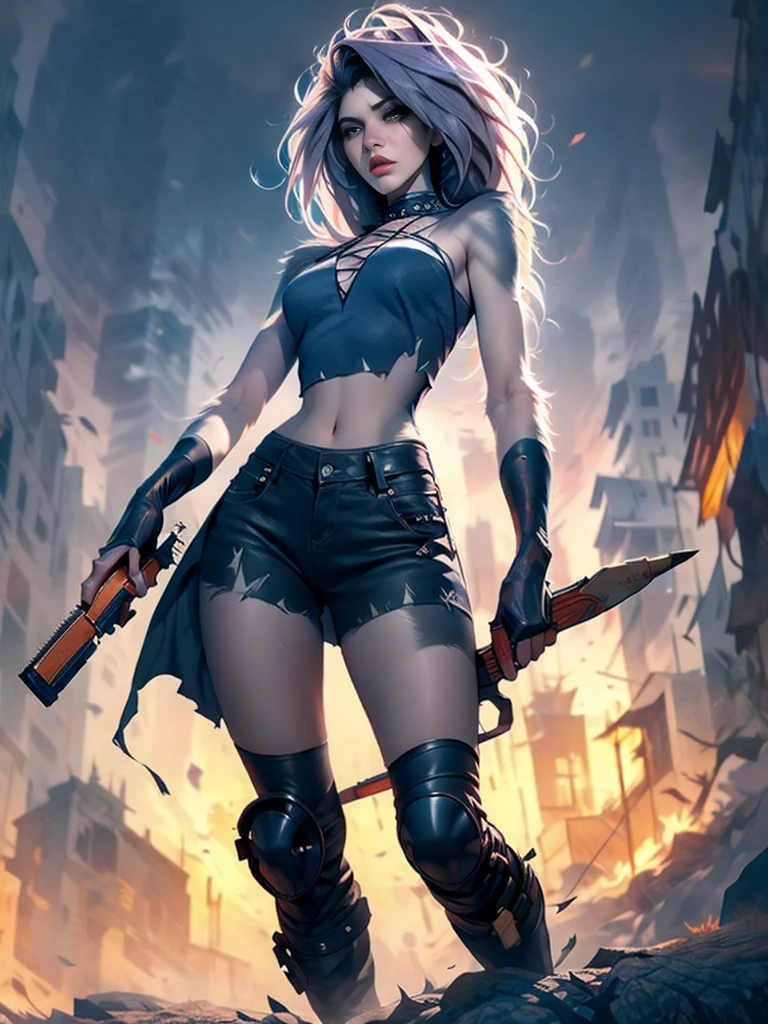 dark and torn, ung beautiful muscular body, fierce expression, holding a gun, (colors on her clothes, warm, orange, yellow, violet:1.3), standing on a desolate wasteland, dramatic lighting, intense shadows, sandy texture, tall contrast, vibrant colors, dynamic pose, powerful stance, rugged background, explosive atmosphere, dystopian theme, surreal elements, digitally painted illustration, HD resolution, intricate details, dramatic composition, avant-garde and chaotic brush strokes, gothic style, intense emotions, epic scale, raw and gritty feel, captivating and provocative artwork.