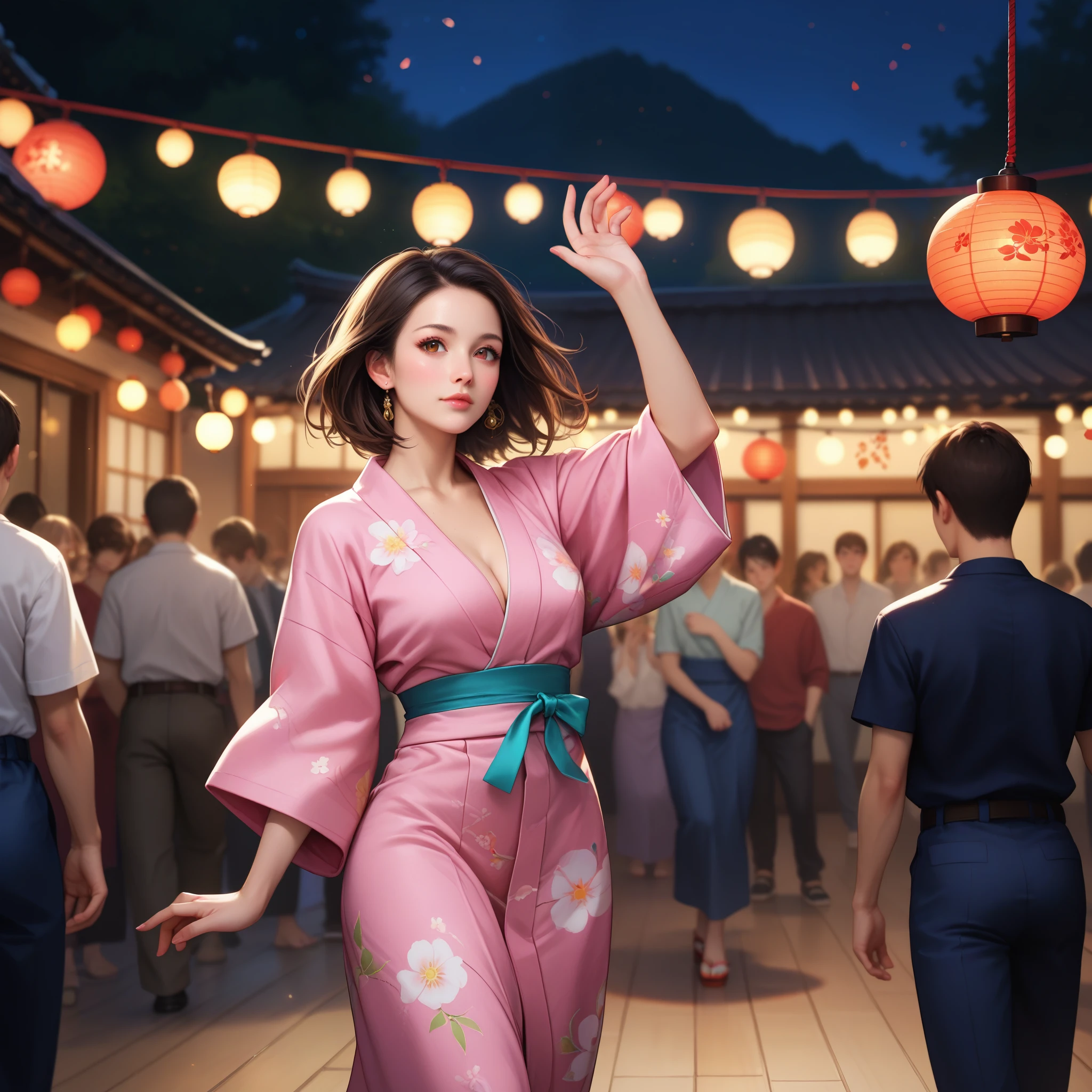 score_9, score_8_up, score_7_up, score_6_up, score_5_up, score_4_up, best quality, masterpiece, (detailed eye), 1girl, Japanese girl, BREAK
Brown eyes, Bon dance, dancing with hands raised lightly, yukata, uchiwa, night, large square, circle formed by people dancing, lanterns hanging overhead.