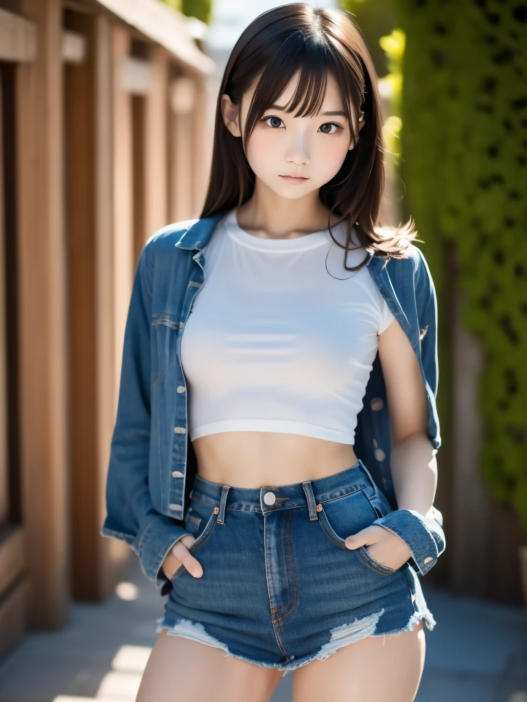 (14 years old:1.4),(Very Young Face),japanese femes idol, 1girl, (absurdres, highres, ultra detailed, high resolution: 1.1) BREAK 1 girl, solo, medium breasts, shy, BREAK brown hair, medium hair, hair between eyes, brown eyes, BREAK T-shirt, denim miniskirt, white or pale pink or pale blue panties, BREAK pantydrop, standing, arm up, pussy, pussy line, BREAK nice hands, perfect hands,