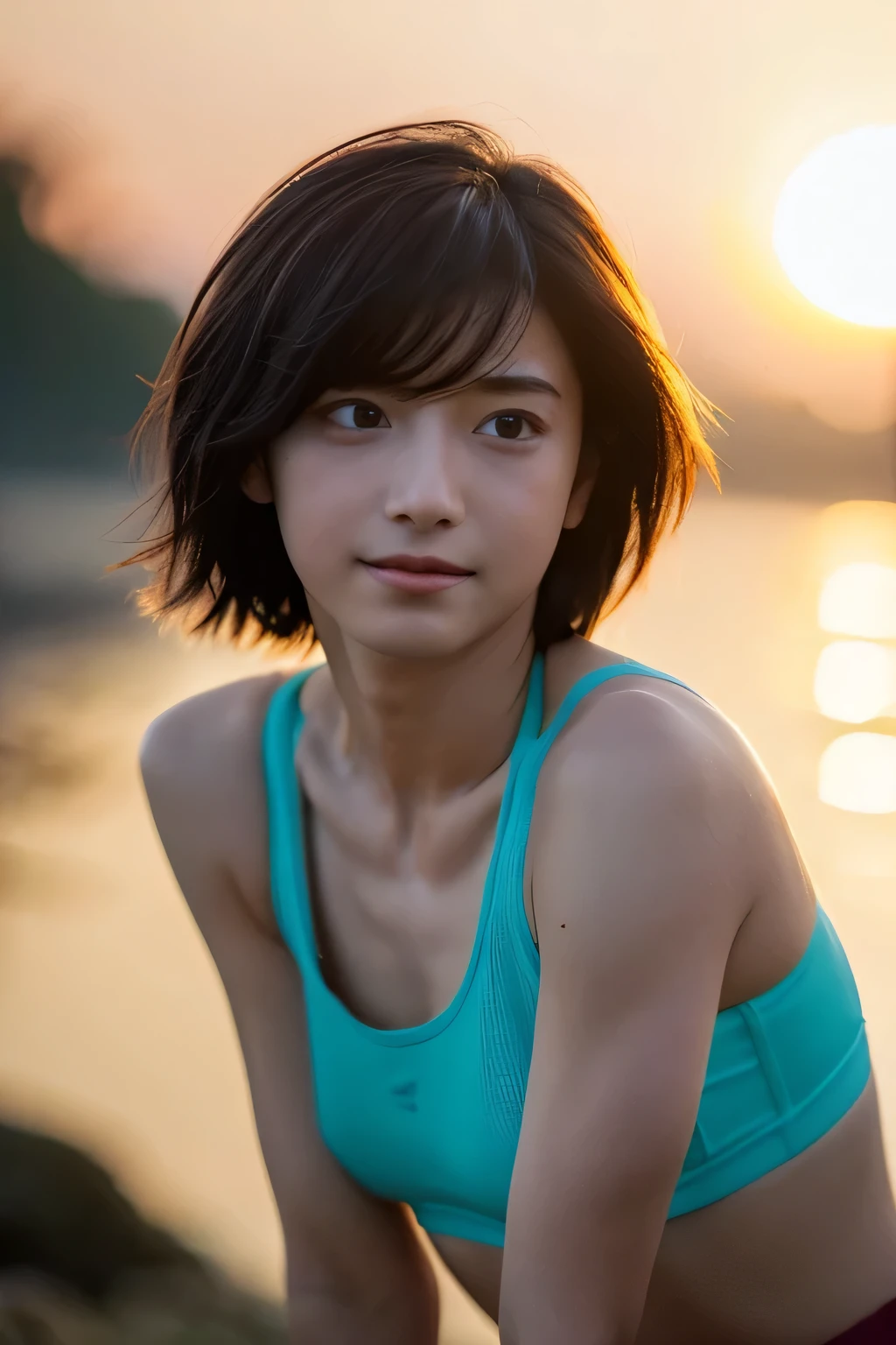 (Hyper Reality: 1.35), (Realistic: 1.4), A beautiful Japanese woman, smile, alone. (((No makeup))), masterpiece, 最high quality, high quality, alone, Very good, puberty, Only one girl, Well-trained slim body, muscular, slim body, breasts apart, large brasts, (最high quality)),((Very delicate and beautiful)),((Very shallow depth of field)), ((Incredibly shallow depth of field)). family friendly, ((Very delicate and beautiful)), (((Very shallow depth of field))), (((Unbelievably absurd))), dark brown hair, blowing boyish bob hair, shag messy hair, wolf cut, big hair, windで揺れる髪, Slim body type, ((( Camera Eye)))), (((small ))), Looks like a salon model, Cool face, Neutral facial features,(ecstasy:1.3) ,(slut:1.2),(vulgarity:1.3),(fucked silly:1.1),(steam:1.1),(Wet:0.8),(trembling:0.8),(tears:0.7) ,(drooling:0.6),(sweat:0.8),open mouth, poor, my + background, Dynamic Angle, Focus on women, {Particles of light}, Detailed background, Soft lighting, (dramatic), sunset, very beautiful sunset, Live Action, Realistic, (blurred background), ((())), (((wind))), ((Movement)), ((emotion)), ((colorful)), ((Baby Face)), Wither, sea background, high neck, Sleeveless, turtleneck, (((whole body))), (((knees))), walking, sports bra, hot pants,