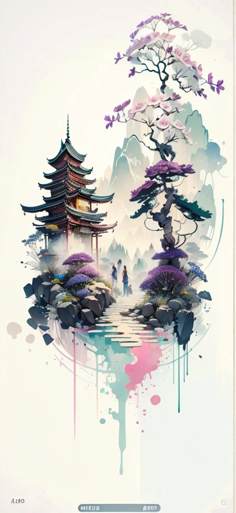 (Art by Numbers,Inks and washes:1.2)，Nobody, Mountain々, wood, Rivers，Flowers，Lotus flower，Purple Flower,沢Mountainの花(Oriental elements, Chinese colors, Senior Color Matching),  (3D sculpture，Rendering with Octane，Volumetric Light，Natural soft light，), (Very delicate:1.2, Losing focus:1.2, Very colorful, Cinema Lighting, Chiaroscuro,Ray Tracing), masterpiece, Super rich,Very detailed,8k, Zurrison_style_wonderful_wall,Based on purple,Paintings with a lot of purple