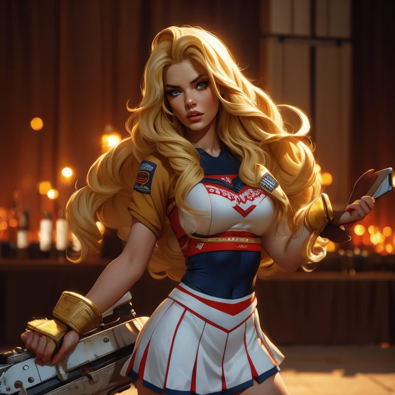 1girl, ellie, blonde long braided hair, beautiful detailed eyes, beautiful detailed lips, extremely detailed face, large breasts, cheerleader uniform, holding chainsaw, arrogant expression, zombie slayer, protagonist, (best quality,4k,8k,highres,masterpiece:1.2),ultra-detailed,(realistic,photorealistic,photo-realistic:1.37),HDR,UHD,studio lighting,ultra-fine painting,sharp focus,physically-based rendering,extreme detail description,professional,vivid colors,bokeh,dark fantasy,cinematic,concept art(full body art)