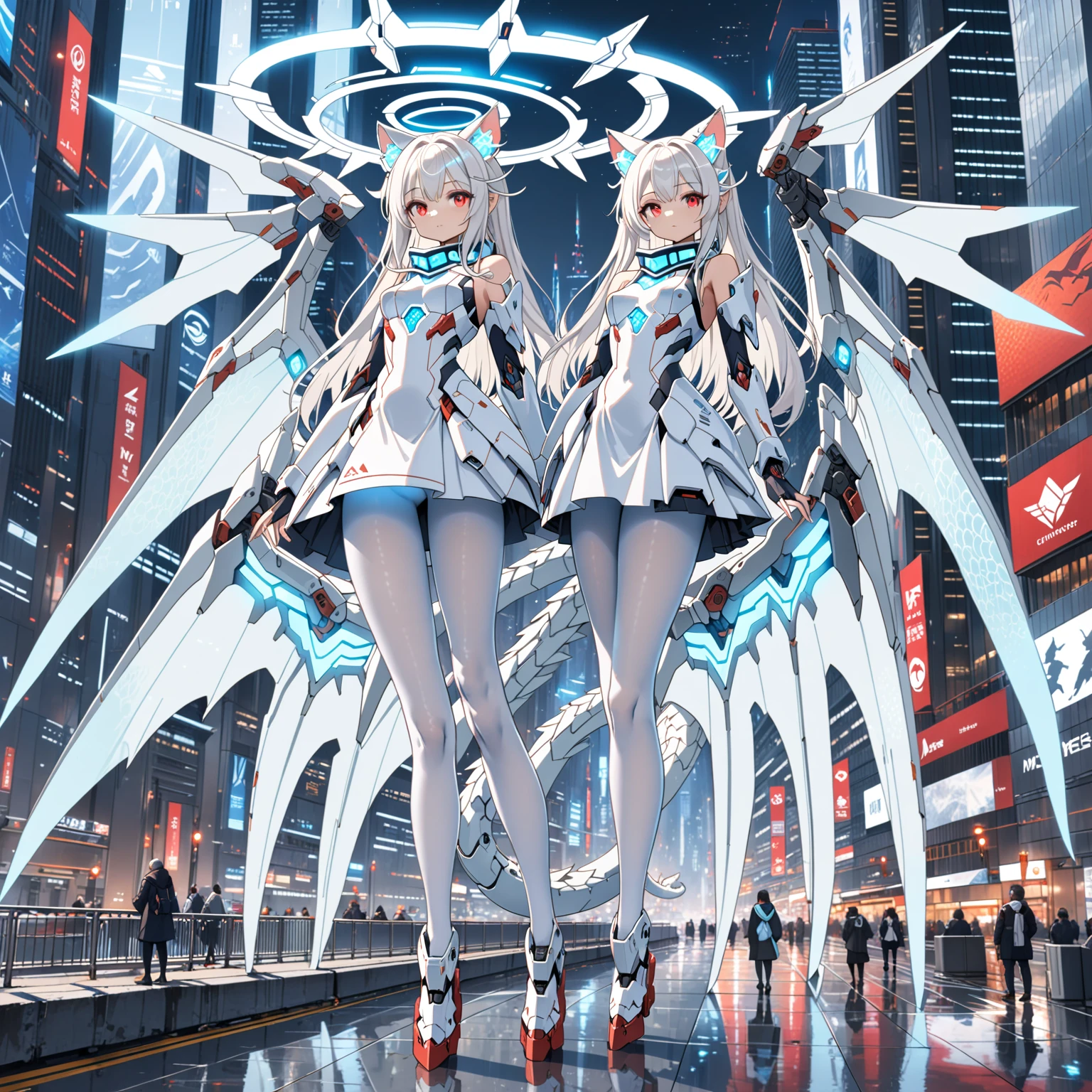 masterpiece, highest quality, highest resolution, clear_image, detailed details, white hair, long hair, 1 girl, cat ears, red eyes, futuristic dragon wings (12 wings), futuristic halo, white sci fi mecha dress, white scarf (around the neck withn a light blue glow), white pantyhose, full body, no water marks, city